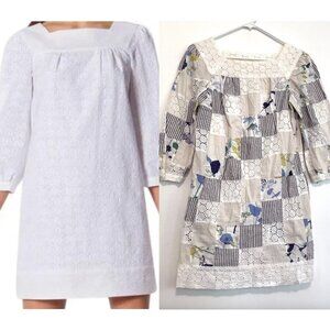 THREAD SOCIAL White Blue Patchwork Striped Floral Seersucker Eyelet Cotton Dress